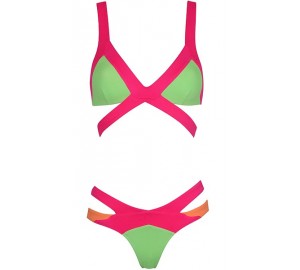 'Sara' roze & groen neon bandage bikini